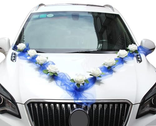 Autoschmuck Hochzeit,Hochzeitsauto Dekorationsset, Car Wedding Girlande, Blumenschmuck Auto Hochzeit, DIY Blau Gaze Weiß Rosen Dekoration Set,Auto Schmuck Hochzeit mit 9 Rosen,2x1.6 m Gaze,Weiß+Blau