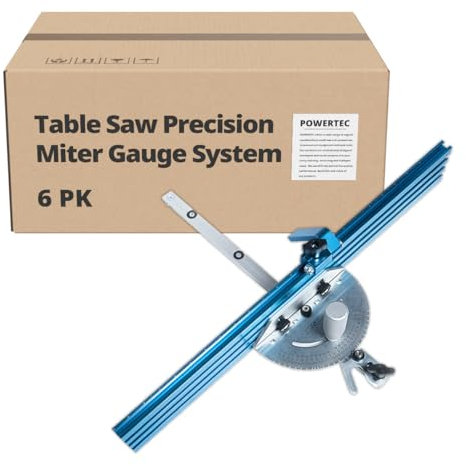 POWERTEC Table Saw Precision Miter Gauge System w/27 Angle Stops & 3/4x3/8 T-Slotted Miter Bar w/Removable T-Slot Plate; Includes 24x3 Multi T–Track Fence, Flip Stop, Case of 6 Sets