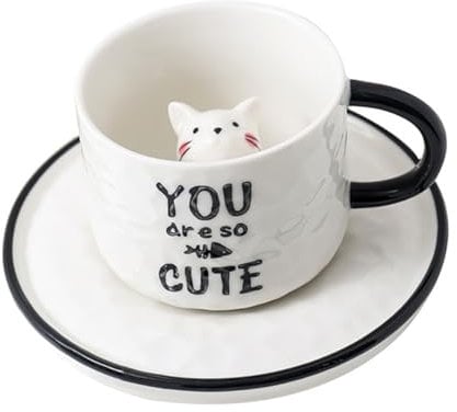 Aintap Embossed Ceramic Mug Set with Small Cat Figurines - Perfect for Loose Leaf Tea, Coffee, and More!