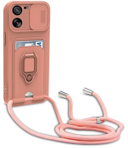 yanasuo Schiebe Kameraschutz Silikon Handykette Hülle kompatibel mit Xiaomi Mi 13T/13T Pro (6.67), Metall Ring Halter Handy Cover,Verstellbarer Halskette Handyhülle-Pink