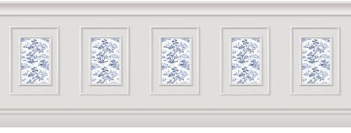 Papier peint panoramique, crème toile de jouy bleue, effet trompe l'oeil, boiseries soubassement, 70 cm X 195 cm