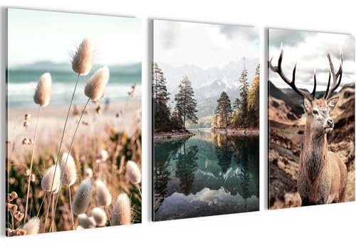 Novart Bilder Set Wald Hirsch - Kein Extra Rahmen benötigt - Wandbilder für Wohnzimmer Schlafzimmer - 3 Teilig Deko Natur Berge - N013236a