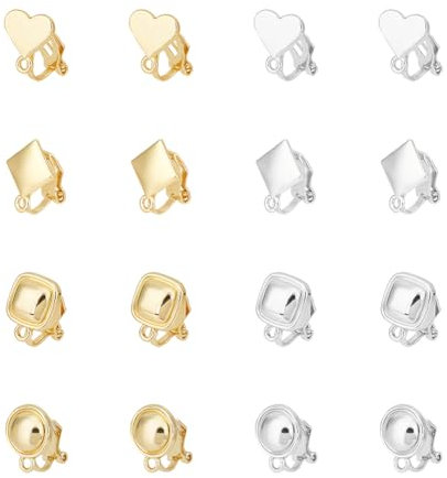 UNICRAFTALE 16 Stück 2 Farben 4 Stile Legierung Ohrclips Mit Horizontalen Schlaufen Herz Quadrat Ohrclips DIY Rhombus Ohrringclips Ohrringherstellungszubehör Für Die Schmuckherstellung