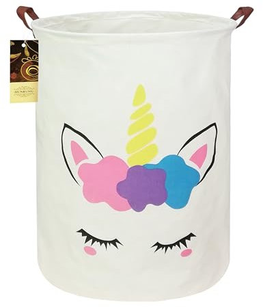 HUNRUNG Laundry Hamper,Large Canvas Fabric Lightweight Storage Basket Toy Organizer Dirty Clothes Collapsible Waterproof for College Dorms, Children Bedroom,Bathroom(Round-Golden Unicorn)