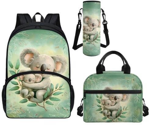 Howilath 3-in-1-Rucksack für die Schule, mit Lunchbox, Wasserflaschenhalter für Kinder und Mädchen, Koala-Grün