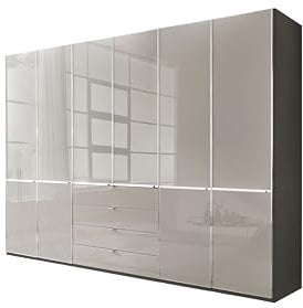 WIEMANN Drehtürenschrank mit 4 Schubkästen hochwertiger Kleiderschrank Schlafzimmerschrank 300cm breit, mit Schubladen, Glas Kieselgrau, Korpus Havanna, Höhe 216cm, Shanghai