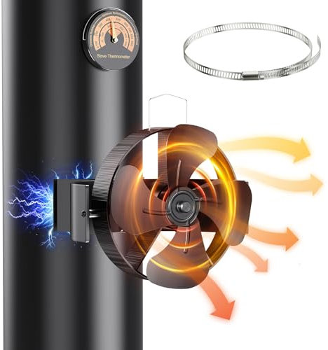 Ovshnrr Ventilador de Estufa Magnético 4 Palas, 180° Rotación Con Termómetro, Circulación de Aire Caliente Para Pellets/Leña/Chimeneas