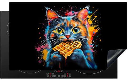 KitchenYeah© Protection Plaque Induction 90x52 cm Protege Deco Cuisine Cache Protège De Cuisson Accessoires Chat - Graffiti - Coloré - Gaufre - Nourriture