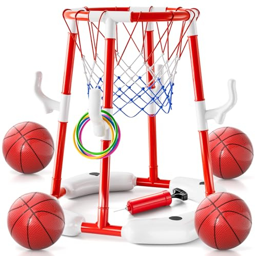 Pool Basketball Hoop Toys for Kids Ages 4-8 8-12 & Adult, Summer Outdoor Swimming Pool Games Water Play Toys Family Party for Kids, 2 in1 Pool Basketball Hoop & Ring Game with 4 Balls 12 Rings & Pump