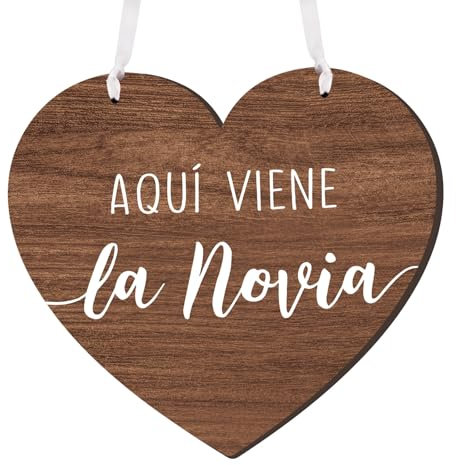 BETESSIN Cartel de Boda en Español, Cartel Madera ¨Aquí Viene La Novia¨, Colgante Madera Adorno de Boda Niños Niñas para Indicar La Entrada de Novia Decoración Llegada de Novia