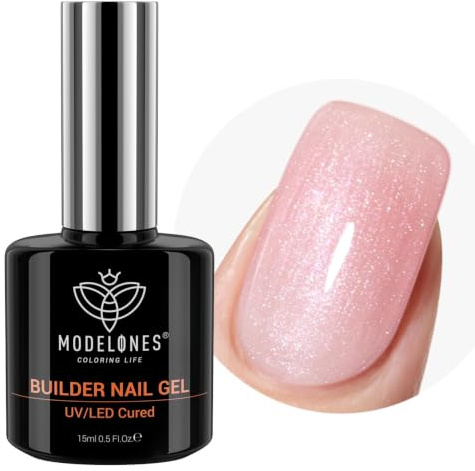 modelones Aufbaugel für Gelnägel, 8 in One Builder Gel Glitzer Rosa, UV Gel zur Nagelverlängerung und Modellage und Nail Repair Strengthener Extension HardGel Rubber Base Coat Nail Art DIY 15ML