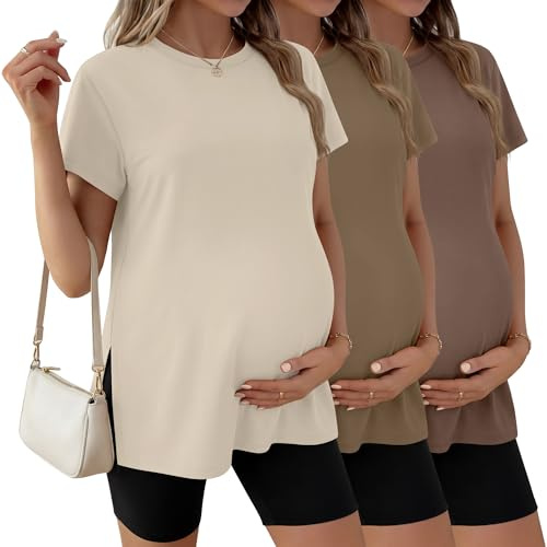 Ficerd, Confezione da 3 Magliette Premaman da Donna, Manica Corta, Spacchi Laterali, Casual, Girocollo, per Gravidanza