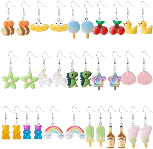16 Paar lustige Ohrringe Set Coole Funky Ästhetische Inklusive Gummibärchen Regenbogen Einhorn Blumen Ohrringe perfekt für Partyzubehör