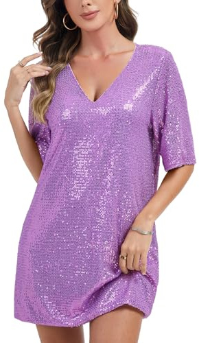 Kyzoeyou Damen Midikleid Kurzarm Pailletten Glitzer A-Linie Kleid Casual Tunika Kleid Rundhal Tshirt Kleider