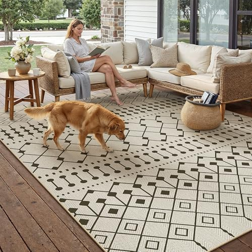 PureCozy Outdoor Teppich Wohnzimmer 300x400cm Outdoorteppich Wetterfest Balkon Schwarz Beige Teppiche Jute Optik Waschbarer rutschfest Indoor Carpet Garten Esszimmer Terrassen BüRo Groß Rug