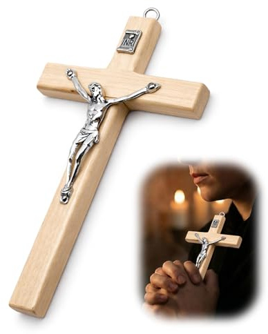 NYVOR Jesus Holzkreuz, 7 * 12,5 cm Kreuz mit Aufhängeloch für die Wand Reliefmuster, Jesuskreuz Holz Geschenk Religiös Interessierte, Christliches Kreuz Innendekoration Deko (Natürlicher Holzton)