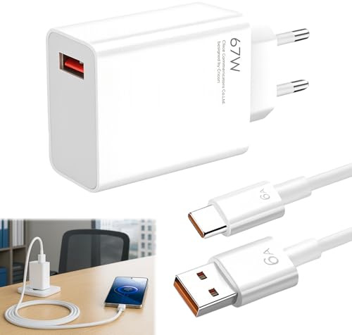 Ebksqs 67W Cargador USB C Carga Rápida con Cable 6A 2M, Compatible para Smartphones 67W Turbo Charger Adaptador de Pared Tipo C - Blanco