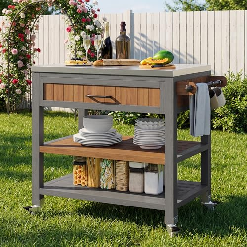 gonew21 Gartenschrank wetterfest aus Massivholz – Aufbewahrungsschrank mit Rollen & Edelstahl-Arbeitsplatte, 80x51x91,5 cm, Terrassenschrank für Garten, Terrasse & Balkon