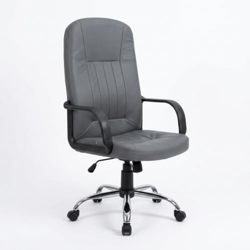 Chaise fauteuil de bureau pivotant 360° en simili gris clair avec accoudoirs fixes et hauteur d'assise réglable structure pieds chromés avec roulettes – design moderne et fonctionnel – WILLA
