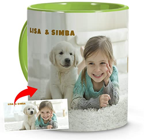 LolaPix Taza Personalizada con Foto y Texto. Regalos Especiales con Foto Personalizada. Tazas con Imagen y Nombre. Sorpresa para San Valentín Mujer. Canecas Personalizadas. Interior y Asa Verde Claro