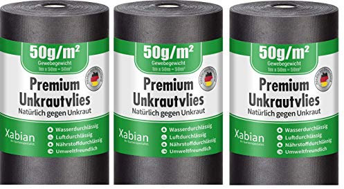 Xabian Anti Unkrautvlies 50g/m² Gartenvlies 3 Rollen 50m x 1m = 150m² | Unkrautfolie sehr hohe UV-Stabilisierung - reißfest und wasserdurchlässig