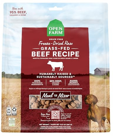 Open Farm, Freeze Dried Raw Dog Food, Morsels with 95% Meat, Organs & Bone, Organic Produce & Superfoods, Complete Meal or Freeze Dried Dog Food Topper, Grass-Fed Beef Recipe, 13.5oz Bag