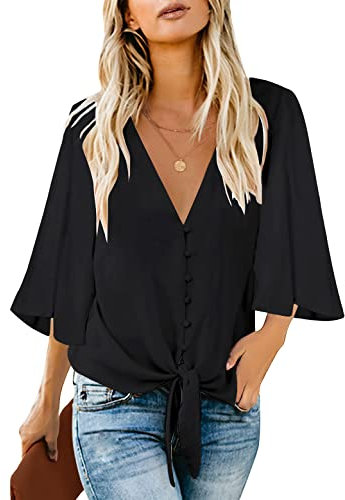 Roskiky Damen Bluse Chiffon Elegant V-Ausschnitt Bell Sleeve Fledermausärmel Oberteile Hemd Loose Tops mit 3 4 Arm Schwarz Medium