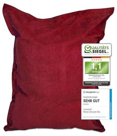 Lumaland Riesen-Sitzsack XXL 140x180cm | Indoor Bean Bag aus weichem & waschbarem Microvelours | 2-in-1- für bequemes Sitzen & Liegen | Mit über 3 Mio. anpassungsfähigen EPS-Perlen [Rot]