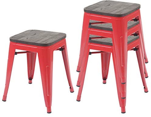 4er-Set Hocker HWC-A73 inkl. Holz-Sitzfläche, Metallhocker Sitzhocker, Metall Industriedesign stapelbar - rot