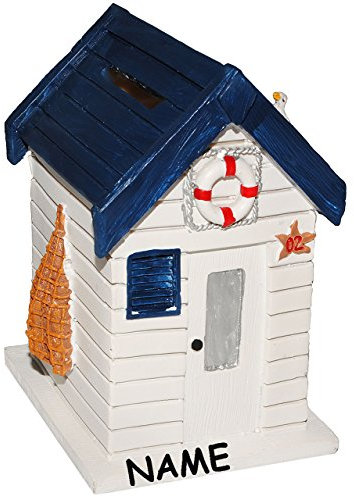 alles-meine.de GmbH Spardose - Strandhaus - incl. Name - stabile Sparbüchse aus Kunstharz - Sparschwein - lustig witzig - Strandhütte/Strandkorb - Urlaubskasse - Urlaub - R..