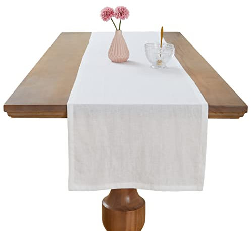 Berklan Tischläufer aus 100 % reinem Leinen mit Stone Washed für Esstisch, Küchentisch, handgefertigt aus europäischem Flachs, strapazierfähig, maschinenwaschbar, 40 x 140 cm, weiß