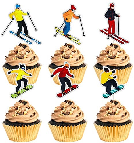 MEFENG Skier Theme Cupcake Toppers, Ski Lovers Cake Toppers for Ski Sport Theme Birthday Party Decorations,Rainbow Glitter Cupcake Decoration.18PCS