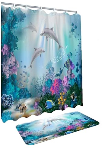 Easylife Bathroom Shower Curtain and Bath Mat Set, Mould Proof and Waterproof Bathroom Curtain L180cm x W180cm with Matching Bath Mat L80cm x W50cm, Dolphin Theme | Dolphin