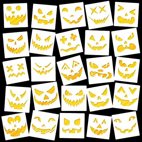 25 Stück Wiederverwendbare Halloween Zeichnung Kürbis Gesicht Schablonen Kunststoff Halloween Thema Schablonen Halloween Dekorative Malvorlage für DIY Malerei Basteln Kürbis Schnitzen Dekoration (7,9