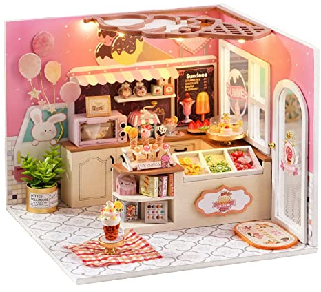 CUTEROOM Miniature Dolls House Kit for Adult, Happiness Ice Cream Shop | DIY Wooden Dollhouse Handmade Miniature Kit, Miniature Dolls House Kit, DIY Dollhouse Kit Craft Birthday Gifts