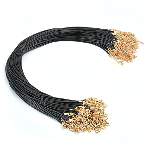 Aemygo 200 Pcs Waxed Leather Necklace Cord with Lobster Clasp, Black, 19.7in (50cm) Adjustable Length, 2 mm Premium Bulk Chains for DIY Jewelry Making
