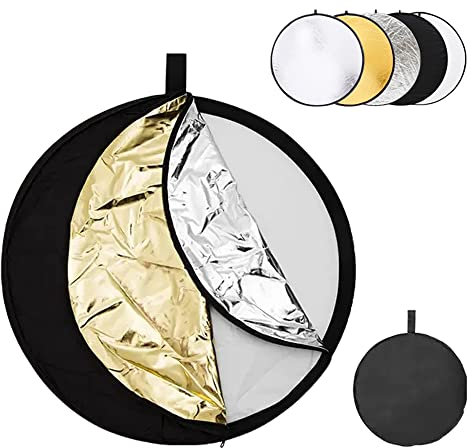 Zasvec Réflecteur Lumiere Photo 5 en 1 Réflecteur Rond Pliable 60cm Panneau Réflecteur Photo Multi-Disques Réflecteur Photo Accessoires de Photographique, Doré Argent Blanc Noir Translucide