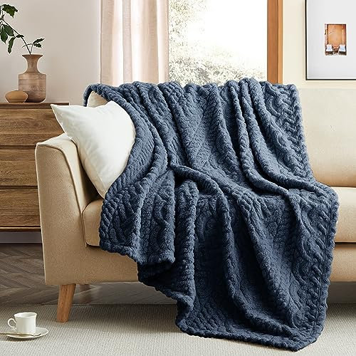 Coastline Sherpa Throw Blanket,Cable Pattern Decorative Soft Cozy Blanket for Couch Sofa,Light Weight Fleece Warm Throw Blanket for Bed,Navy Blue,152 x 203 cm