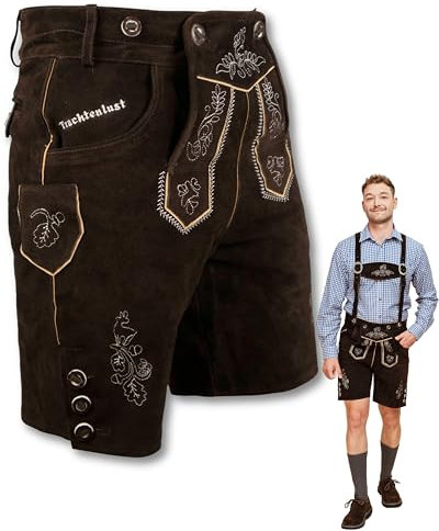 HOFGLANZ® Trachten Lederhose Herren Kurz - Hochwertige Trachtenhose für Herren mit Hosenträgern - Traditionelle Echtlederhose für Oktoberfest Bequem & Robust (Größen 46-58)