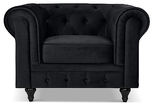 Bravich Velvet Chesterfield Armchair | Single Seater Accent Chair | Soft Plush Fabric | Foam Seat Cushion | Scroll Arms | Button Studded Back | Living Room Bedroom Conservatory | Black | 110x90x78cm