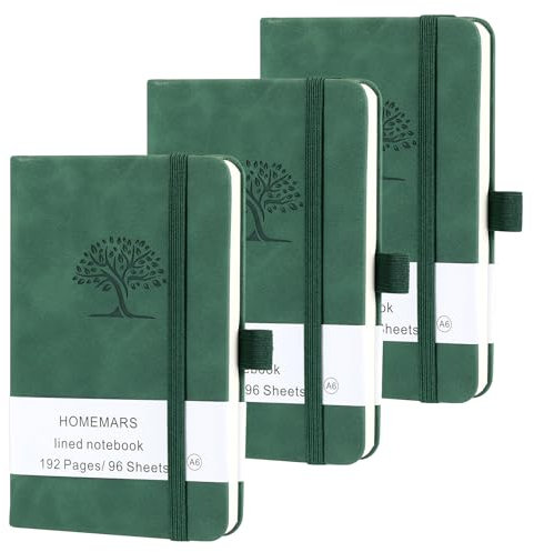 HOMEMARS Notizbuch A6, 3 Stück Notizbücher Set, 14.4cm x 9.6cm Notizblock, Grün, 192 Seiten, Notizheft, Notizblock a6, Journal, Reisetagebuch, Notizbuch Leder, Prägebaum Design