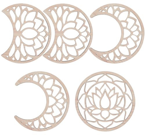 CREATCABIN 5 pieza Decoración de Pared Luna Madera Decoración Pared Fase Lunar Loto Boho Colgante Arte Pared Decoración Estética con Pegatinas para Sade Estar,Dormitorio,Hogar,Adorno de Bricolaje Rosa