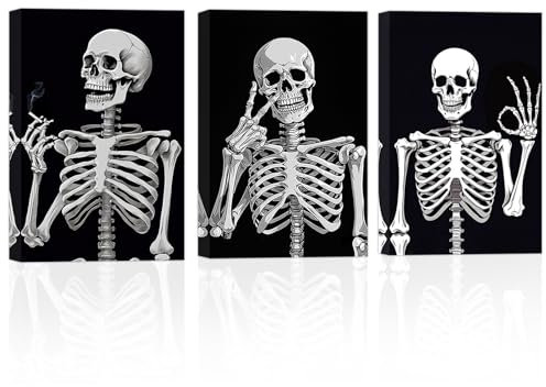 ZXHYWYM Lustige Totenkopf Leinwandbilder 3 teilig Schwarz Weiß Skelett Poster Drucke abstrakte Horrorgemälde Gothic Halloween Wanddekoration (Bild-1, (28.00 x 35.00 cms x 3 Teilig))
