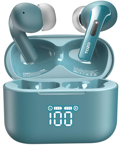 TOZO T20 Kopfhörer Kabellos Bluetooth 5.3 Bluetooth Kopfhörer IPX8 Wasserdicht In Ear Ohrhörer mit LED-Anzeige, APP Steuerung, 48.5 Std Akkulaufzeit, Dual-Mic Noise Cancelling Kopfhörer - Grün