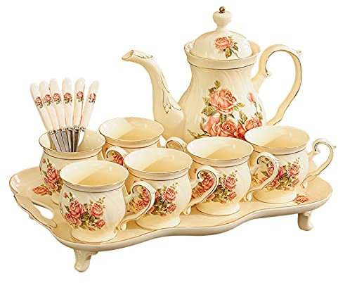 Porcelain Tea Sets White British Ceramic Tea Service For Adults, One Teapot, Set Of 6 Coffee Cups And Spoons With Tray