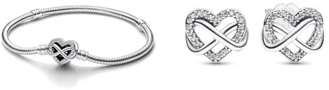Pandora Moments Armband aus Sterling-Silber mit Funkelndem Unendlichkeits-Herzverschluss und Zirkonia Steinen & Moments Funkelnde Unendlichkeits-Herz Ohrstecker aus Sterling Silber