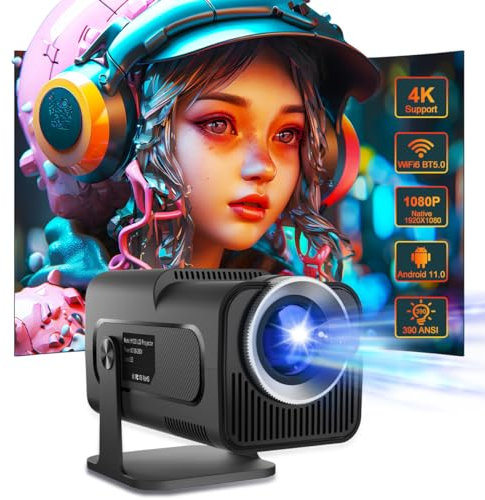 Mini Beamer 4K, Native 1080P Mini Projektor mit WiFi 6, BT5.0 Android 11.0 OS, Tragbarer Beamer Automatische Trapezkorrektur 10000 Lumens150 Zoll Bildschirm 180 Grad Rotation