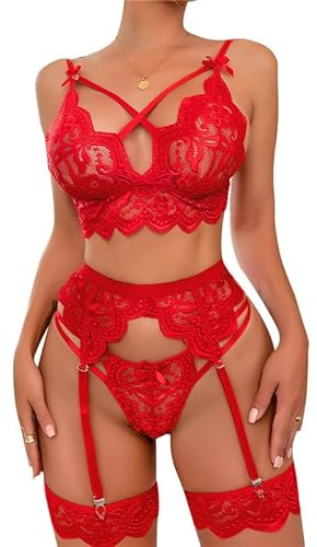 Satohom Women's Lace Garter Lingerie Set 3 Pieces with Garter Belt Lace Bra And Panties Set High Waisted Suspenders Babydoll, Sexy Lingerie Set Deep V Nightgown Strappy Sleepwear for Women