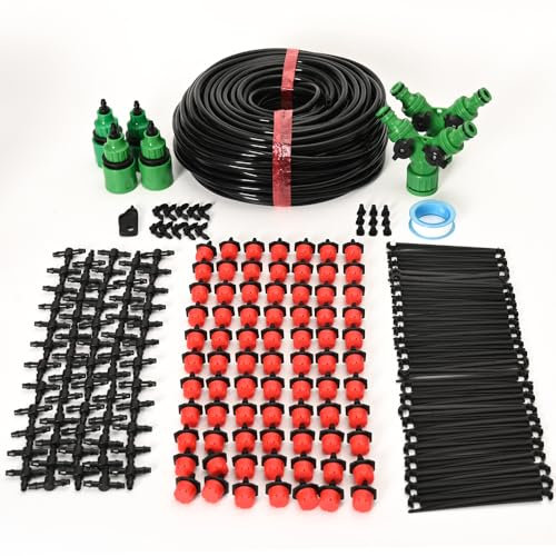 Genérico Kit de riego por goteo de 164 pies, tubo de 1/4 de pulgada, equipo de riego automático por microgoteo para invernadero, boquillas ajustables, emisores, accesorios de púas (50M kit)