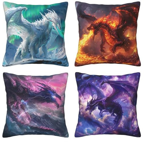 Drachen-Kissenbezüge, 4er-Set, Coole Tier-Dekor-Kissenbezüge, Feuerdrache, Eisdrache, Donner, Drache, magischer Drache, Kissenhülle, Dekokissen für Couch, Sofa, Zuhause, Büro, Outdoor, 45,7 x 45,7 cm